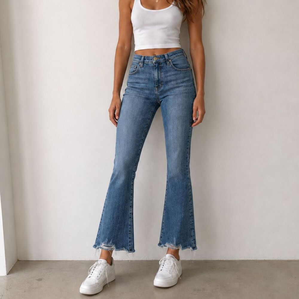 Current/Elliott The Highwaist Kick Jean Harvey‎ Destroy Blue Flare Denim 26